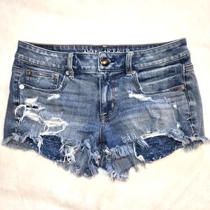 American Eagle Shortie Blue Denim Short Distressed Jean Shorts 8